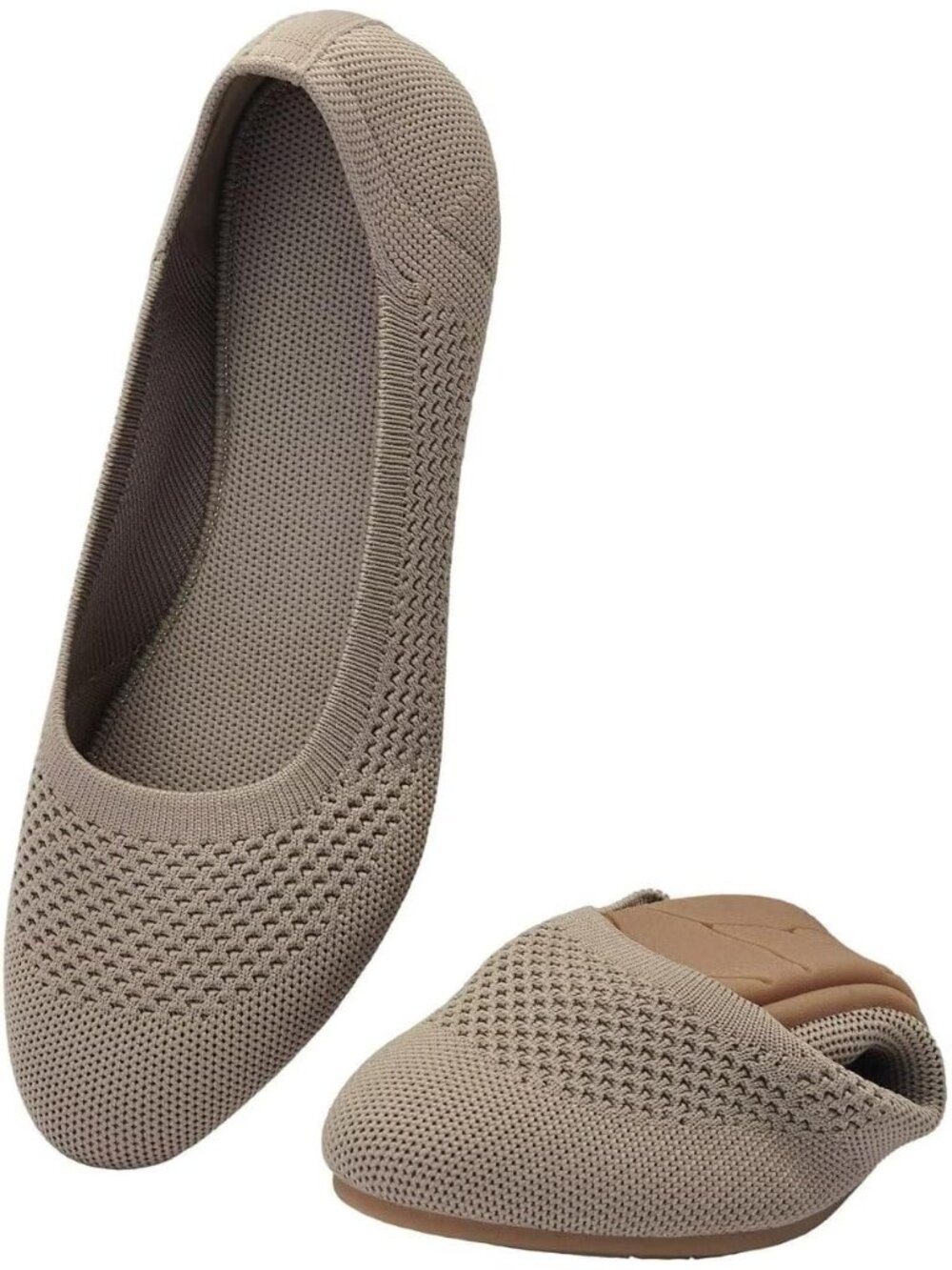 Women's Khaki Ballet Flat Knit Round Toe Textile Slip On Walking Shoes